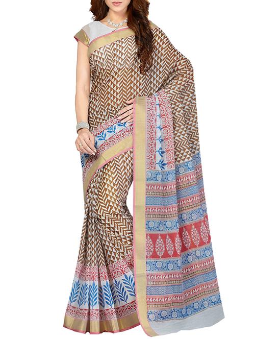 beige cotton blend printed saree with blouse - 13325954 - Very Small Image - 1