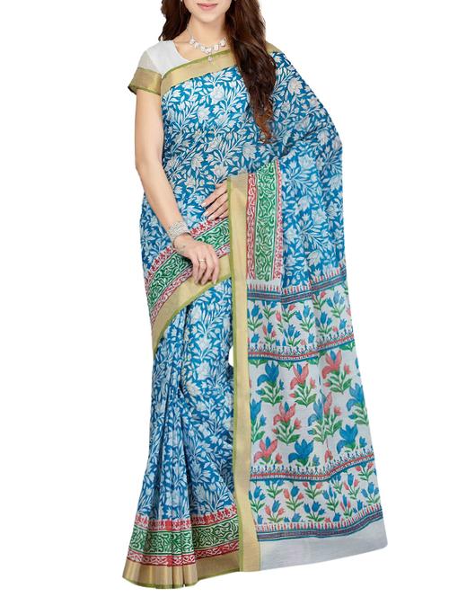 blue cotton blend printed saree with blouse - 13325958 - Very Small Image - 1
