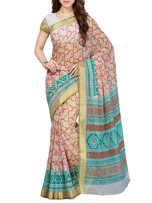beige cotton blend printed saree with blouse - 13325959 - Very Small Image - 1