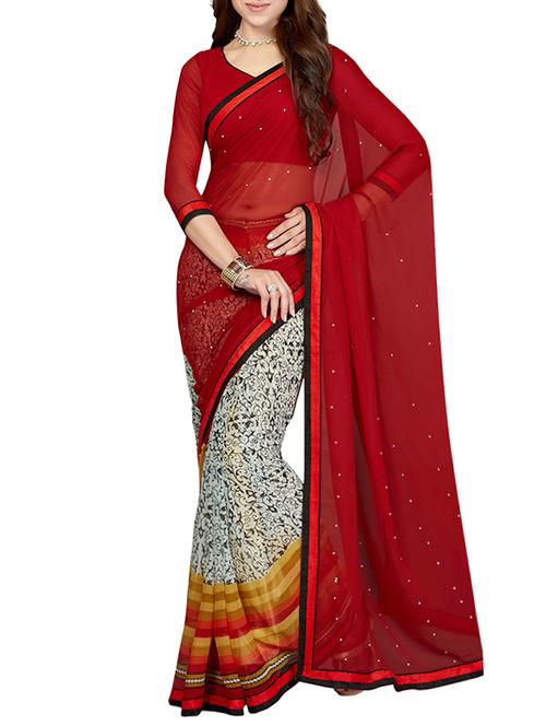 red poly chiffon half and half saree with blouse - 13325963 - Very Small Image - 1
