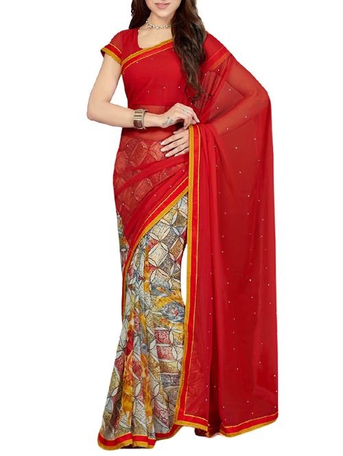 red poly chiffon half and half saree with blouse - 13325964 - Very Small Image - 1