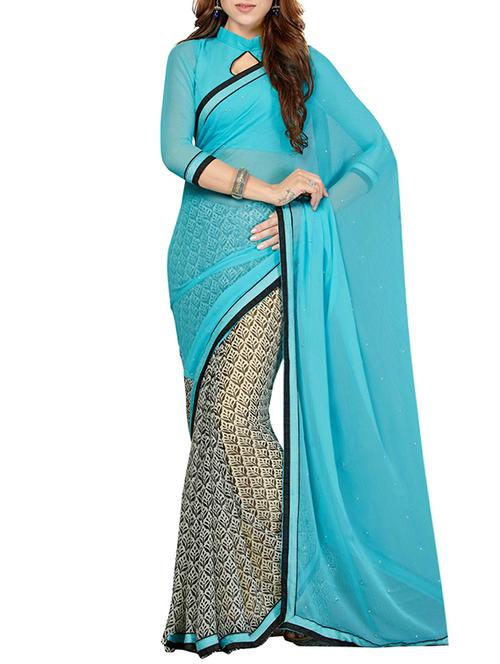 turquoise poly chiffon half and half saree with blouse - 13325971 - Very Small Image - 1