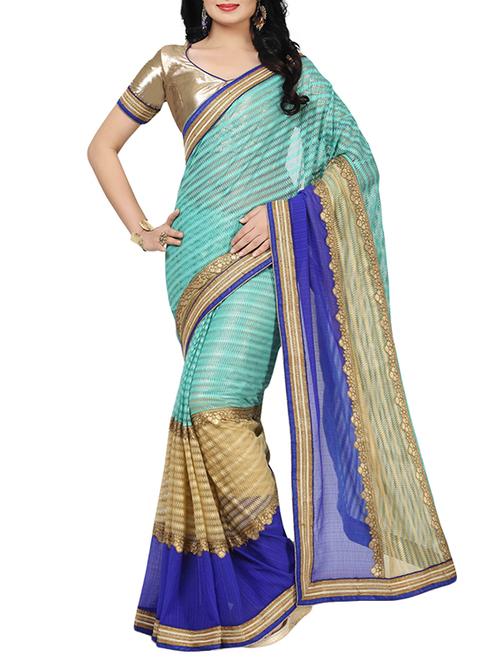 sea green and beige net embroidered saree with blouse - 13326320 - Very Small Image - 1