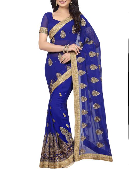 royal blue faux georgette embroidered saree with blouse - 13326333 - Very Small Image - 1