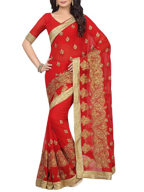 red faux georgette embroidered saree with blouse - 13326334 - Very Small Image - 1