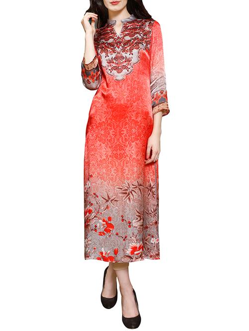 orange silk straight kurta - 13328668 - Very Small Image - 1