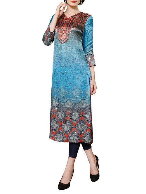 blue silk straight kurta - 13328669 - Very Small Image - 1