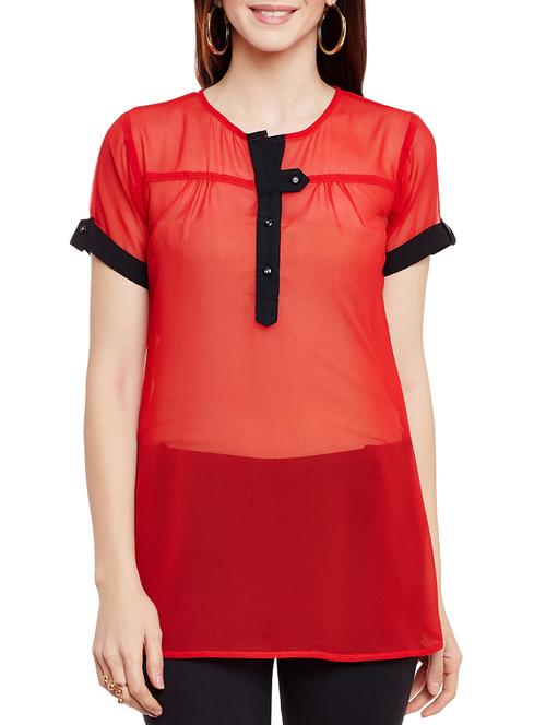 contrast placket detail sheer top - 13331410 - Very Small Image - 1