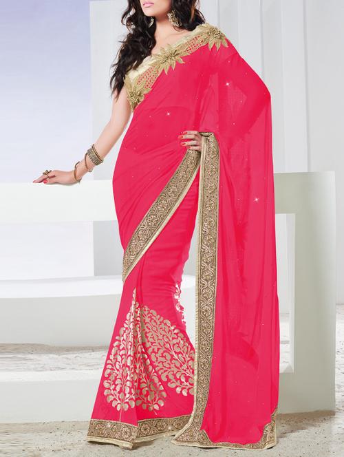 red chiffon embroidered saree with blouse - 13334633 - Very Small Image - 1