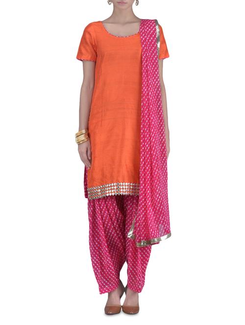orange and pink printed stitched suit set - 1333557 - Very Small Image - 1