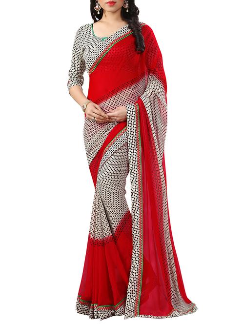 red georgette printed saree with blouse - 13337386 - Very Small Image - 1