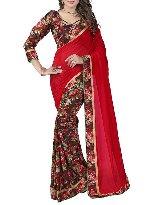 red chiffon printed saree with blouse - 13337388 - Very Small Image - 1