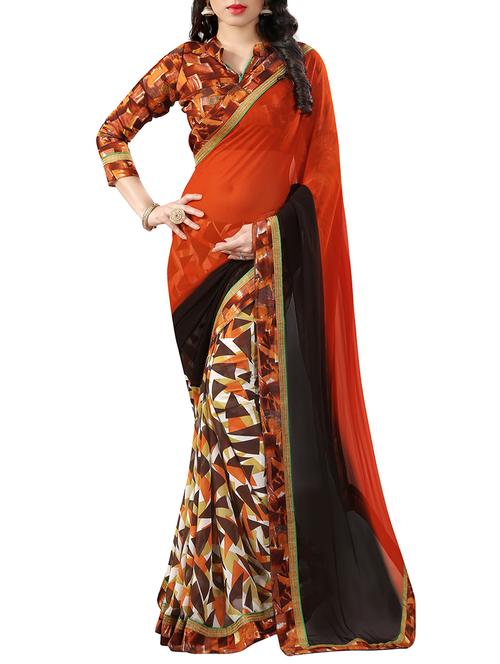 orange georgette printed saree with blouse - 13337395 - Very Small Image - 1