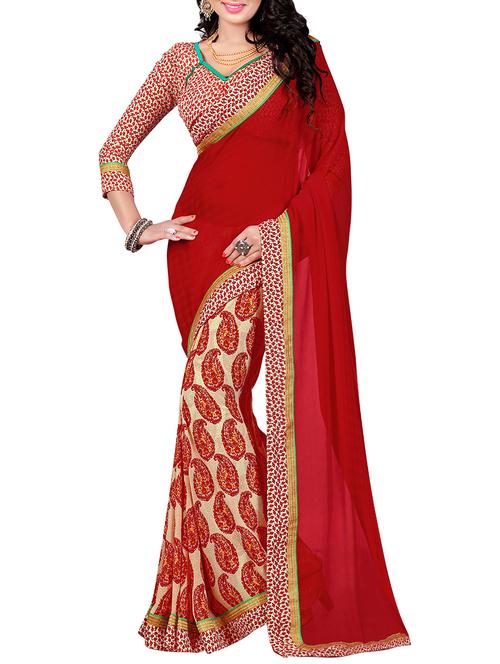 red printed saree with blouse - 13337398 - Very Small Image - 1