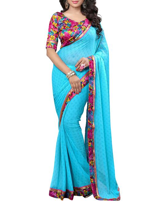 blue chiffon printed saree with blouse - 13337404 - Very Small Image - 1
