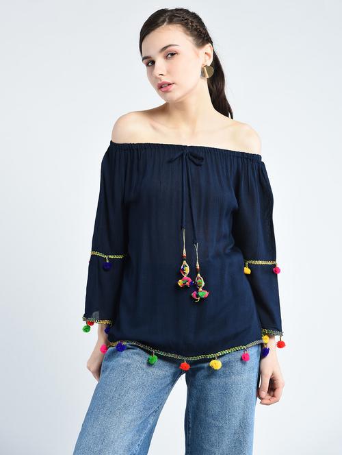 pom pom lace detail off shoulder top - 13337653 - Very Small Image - 1