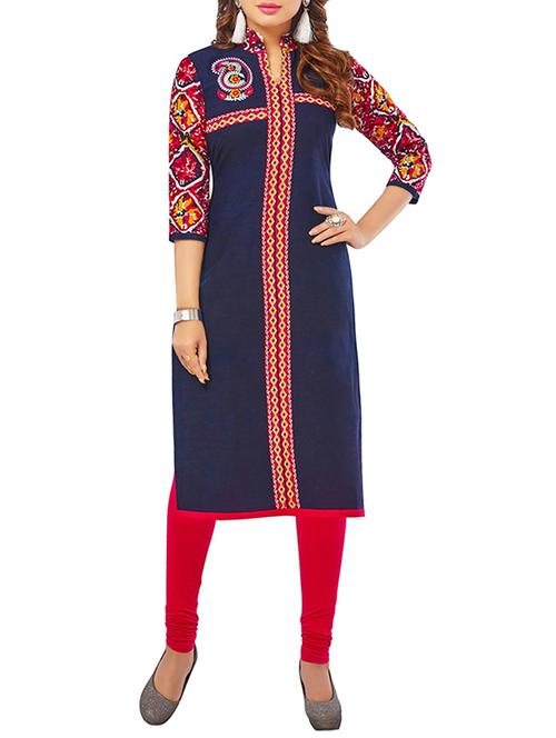 blue cotton printed unstitched kurta - 13341835 - Very Small Image - 1