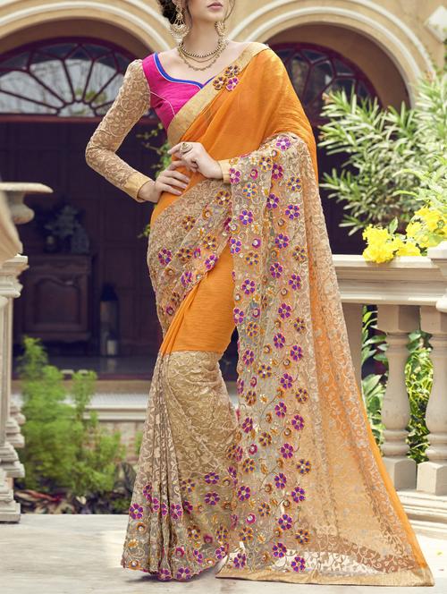 orange chiffon embroidered saree with blouse - 13346343 - Very Small Image - 1
