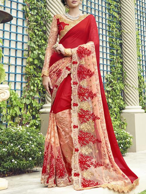 red chiffon embroidered saree with blouse - 13346344 - Very Small Image - 1