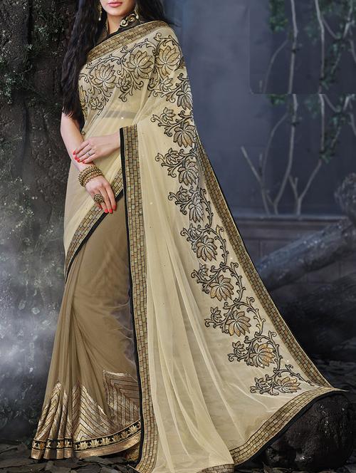 beige net embroidered half and half saree with blouse - 13348230 - Very Small Image - 1