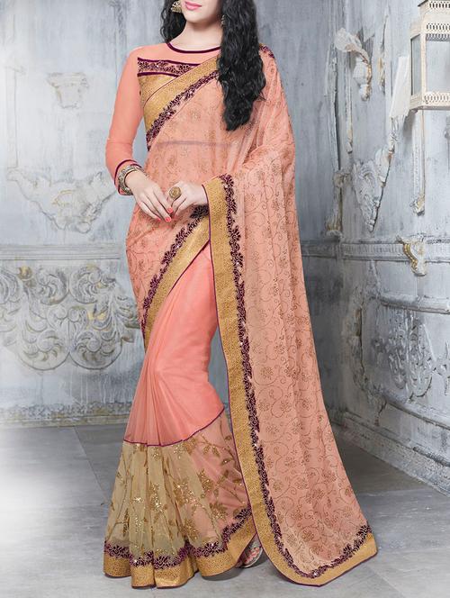 peach net embroidered saree with blouse - 13348283 - Very Small Image - 1