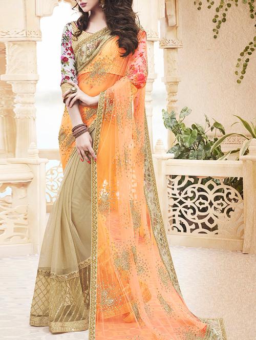 peach & beige net embroidered half and half saree with blouse - 13348284 - Very Small Image - 1