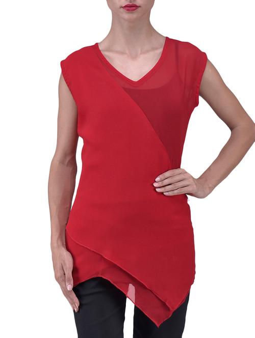 solid red asymmetrical georgette top - 1334865 - Very Small Image - 1