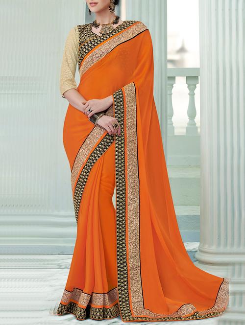 orange bordered saree with blouse - 13349911 - Very Small Image - 1