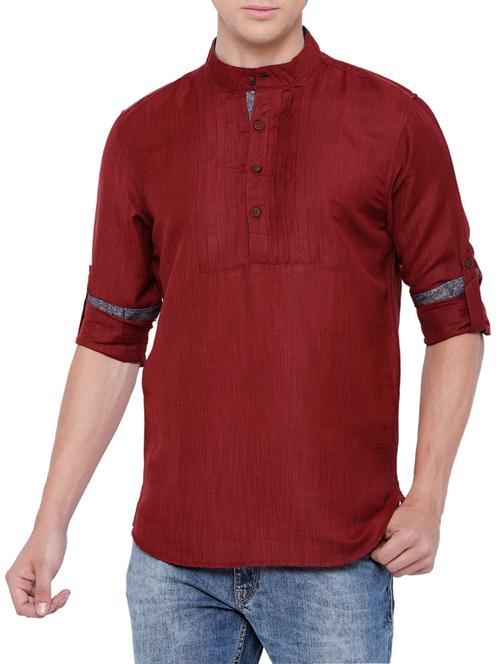 solid maroon cotton pintuck kurta - 13352144 - Very Small Image - 1