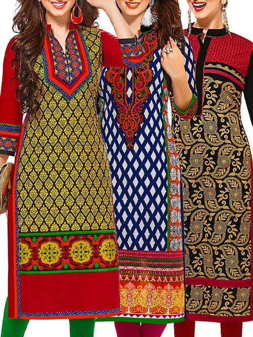 set of 3 multi colored cotton unstitched kurta - 13353163 - Very Small Image - 1