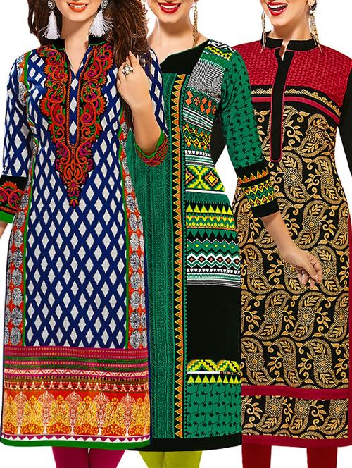 set of 3 multi colored cotton unstitched kurta - 13353166 - Very Small Image - 1