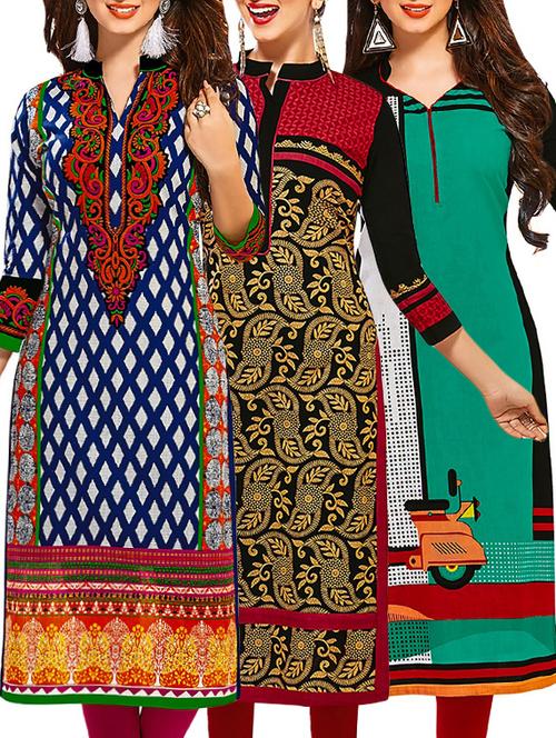 set of 3 multi colored cotton unstitched kurta - 13353167 - Very Small Image - 1