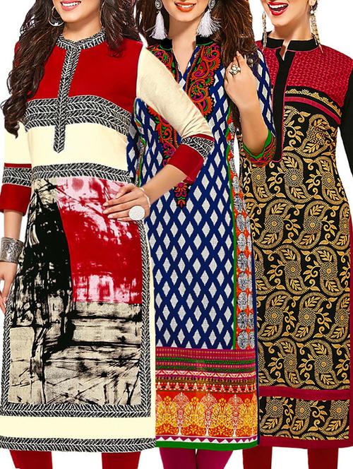 set of 3 multi colored cotton unstitched kurta - 13353172 - Very Small Image - 1