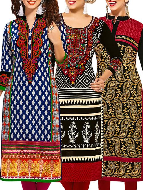 set of 3 multi colored cotton unstitched kurta - 13353178 - Very Small Image - 1