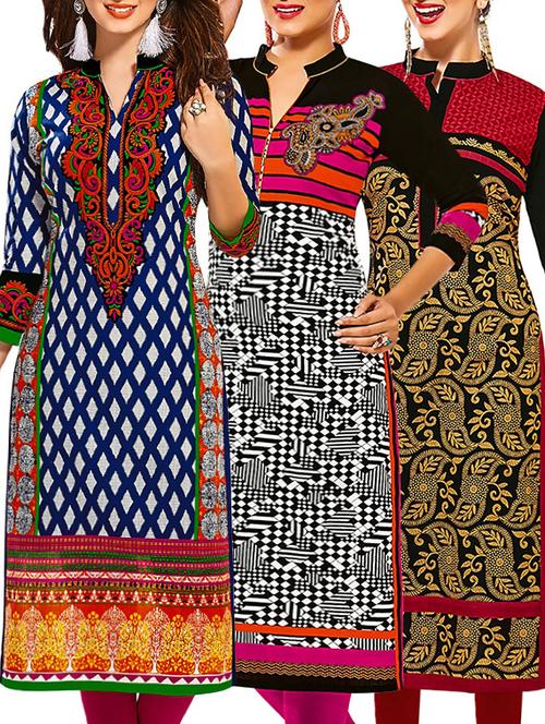 set of 3 multi colored cotton unstitched kurta - 13353179 - Very Small Image - 1