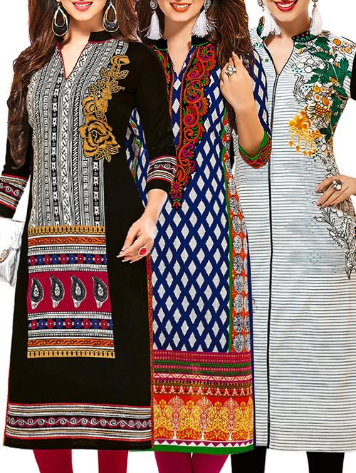 set of 3 multi colored cotton unstitched kurta - 13353215 - Very Small Image - 1
