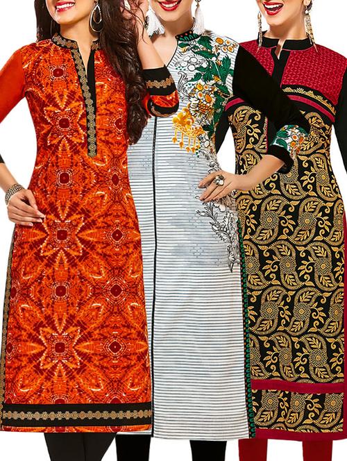 set of 3 multi colored cotton unstitched kurta - 13353268 - Very Small Image - 1