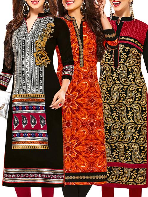 set of 3 multi colored cotton unstitched kurta - 13353273 - Very Small Image - 1