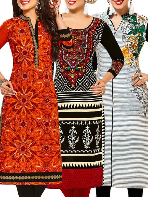 set of 3 multi colored cotton unstitched kurta - 13353283 - Very Small Image - 1