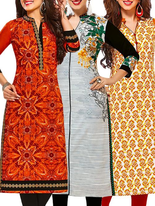 set of 3 multi colored cotton unstitched kurta - 13353294 - Very Small Image - 1