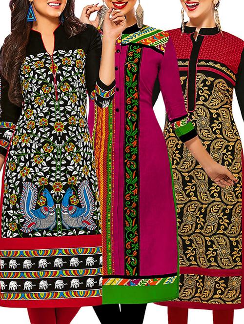 set of 3 multi colored cotton unstitched kurta - 13353317 - Very Small Image - 1