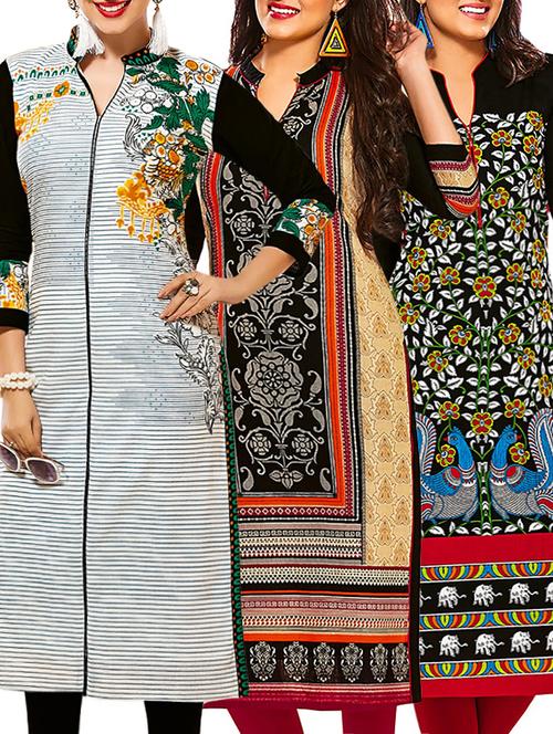 set of 3 multi colored cotton unstitched kurta - 13353322 - Very Small Image - 1