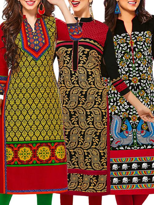 set of 3 multi colored cotton unstitched kurta - 13353352 - Very Small Image - 1