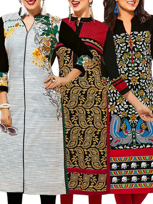 set of 3 multi colored cotton unstitched kurta - 13353365 - Very Small Image - 1