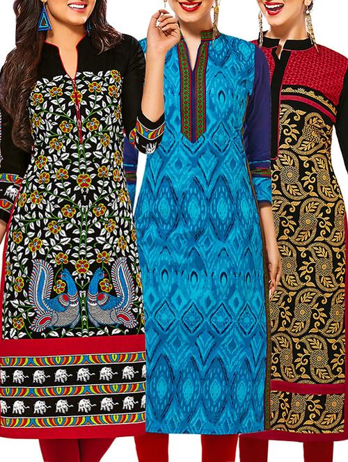 set of 3 multi colored cotton unstitched kurta - 13353366 - Very Small Image - 1
