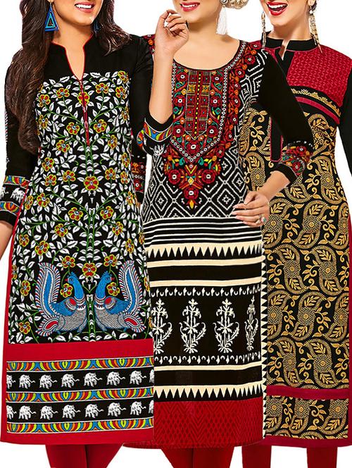 set of 3 multi colored cotton unstitched kurta - 13353367 - Very Small Image - 1