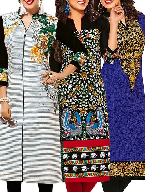 set of 3 multi colored cotton unstitched kurta - 13353383 - Very Small Image - 1