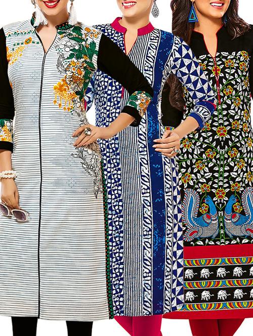 set of 3 multi colored cotton unstitched kurta - 13353393 - Very Small Image - 1