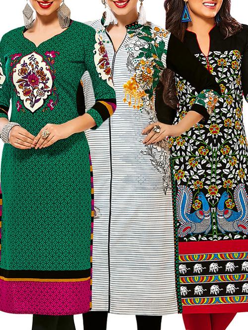 set of 3 multi colored cotton unstitched kurta - 13353395 - Very Small Image - 1