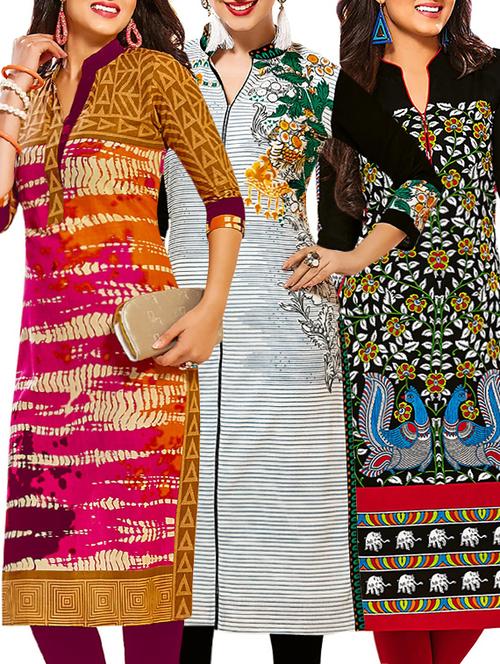 set of 3 multi colored cotton unstitched kurta - 13353408 - Very Small Image - 1